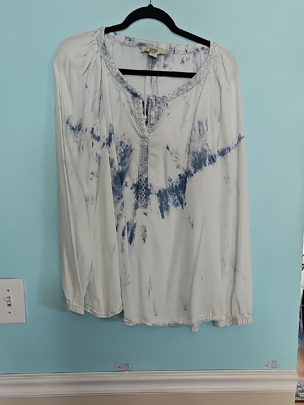 Boho Tie-Dye Peasant Blouse - White with Blue Accents